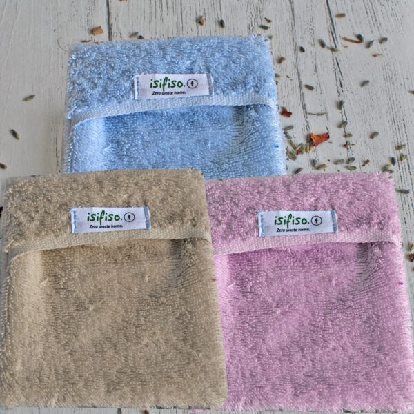 Eco friendly shower loofah in blue, pink and beige