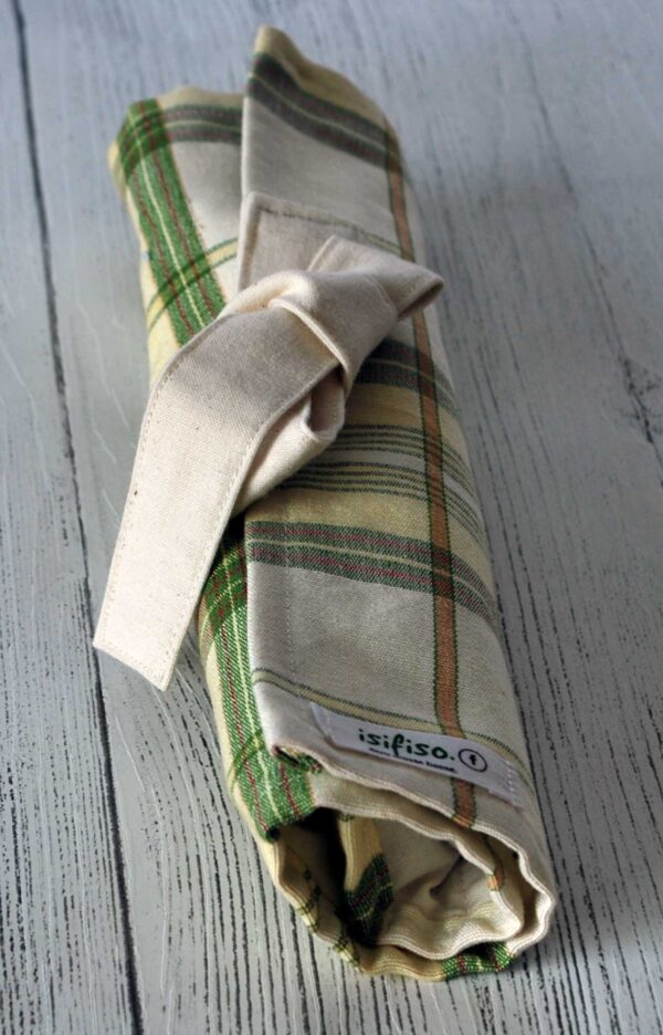 Green checked Zero waste cutlery pouch rolled