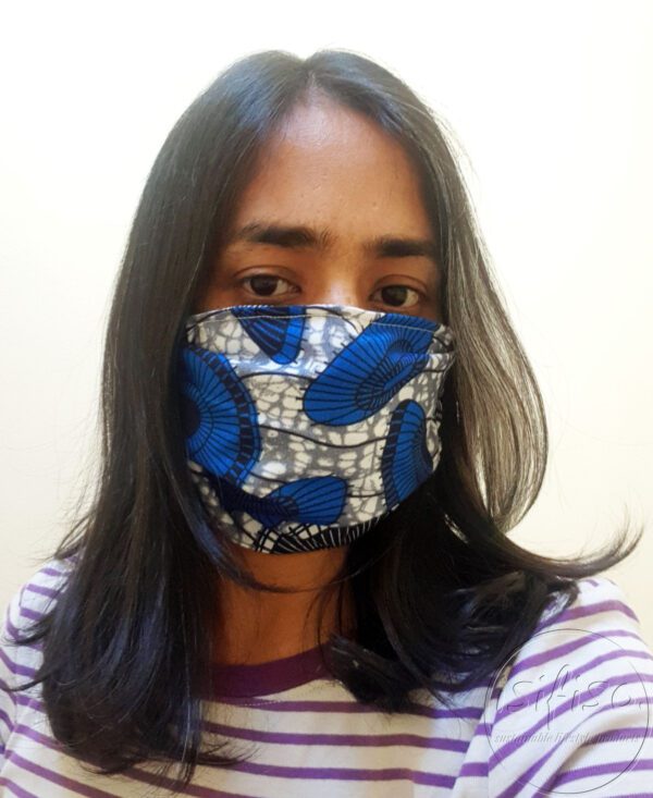 Blue and black printed masks triple layer mask with nose wire and elasticated on a model front view