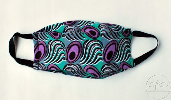Turquoise and purple printed masks triple layer mask with nose wire and elasticated flat lay front expanded