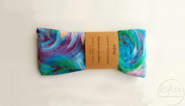 Blue swirl print weighted yoga eye pillow packaged