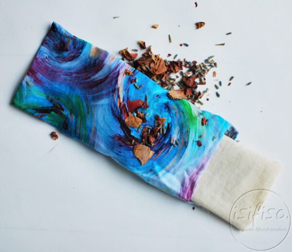 Blue swirl print yoga eye pillow with lavender and dried rose