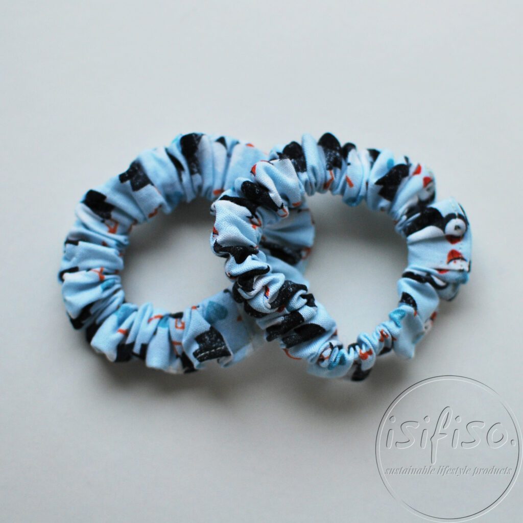 puffin printed blue handmade eco friendly scrunchy