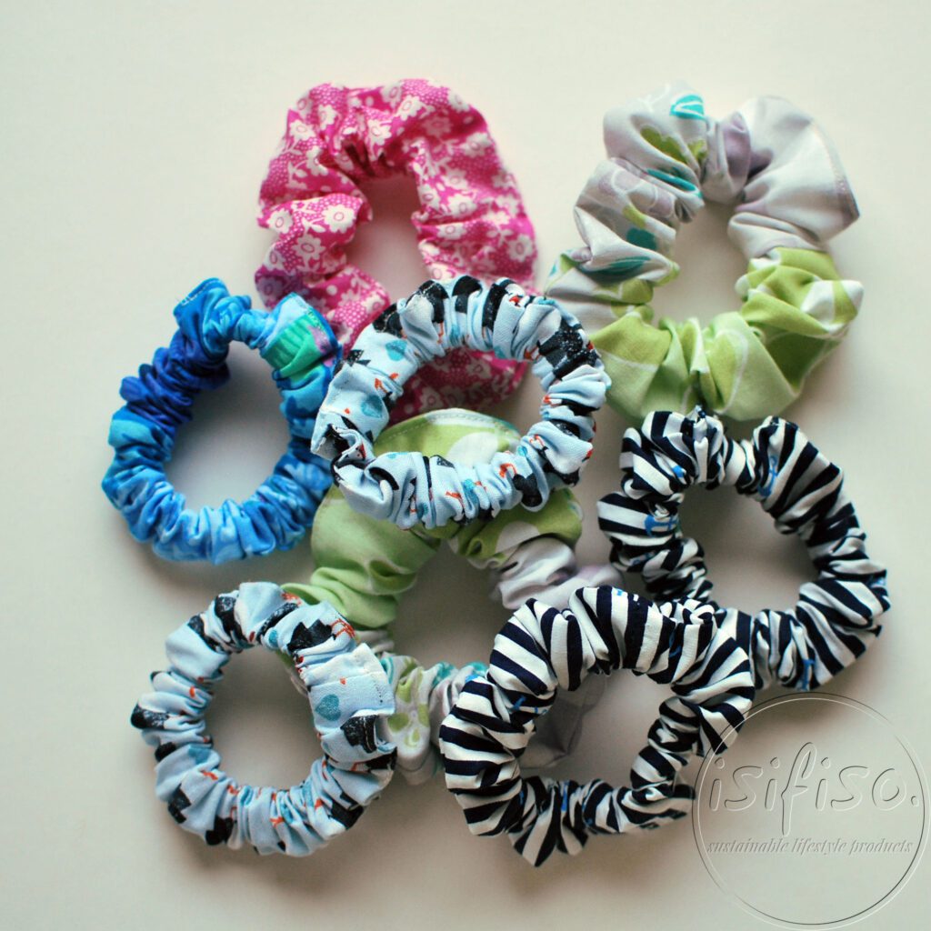 handmade eco friendly scrunchies in a pile