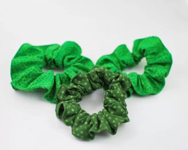 eco scrunchies in green assorted prints