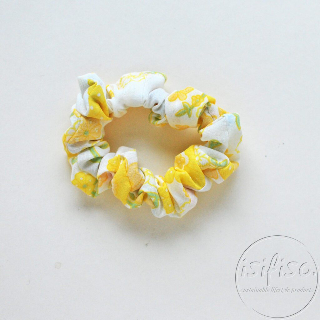 handmade eco scrunchy yellow flowers printed