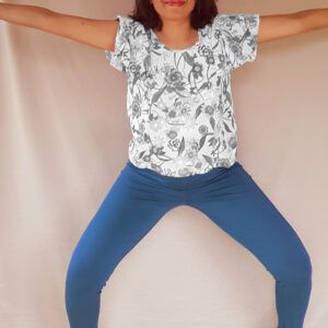 ethical leggings denim blue with flowery front view