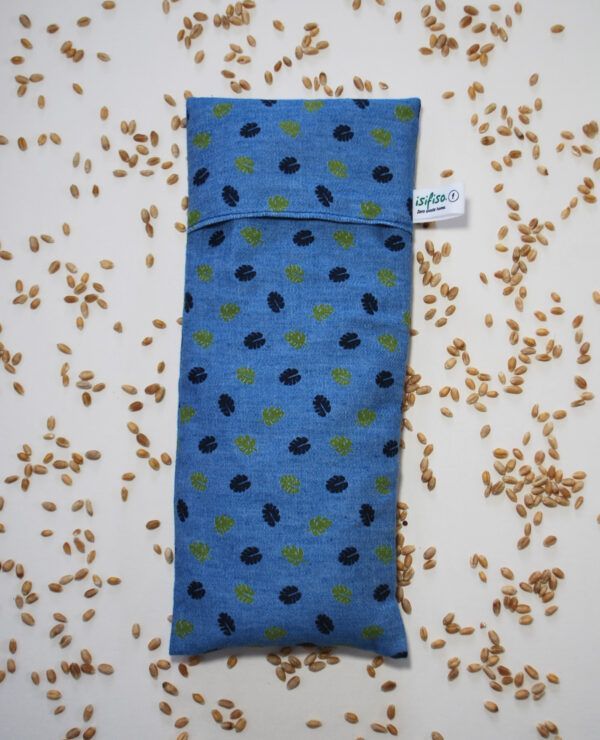 wheat hot pack - blue Leaves relaxation weighted eye pillow front on wheat grains