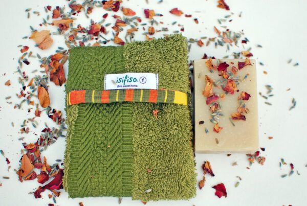 Reusable soap bag in Olive green with trim and soap by side